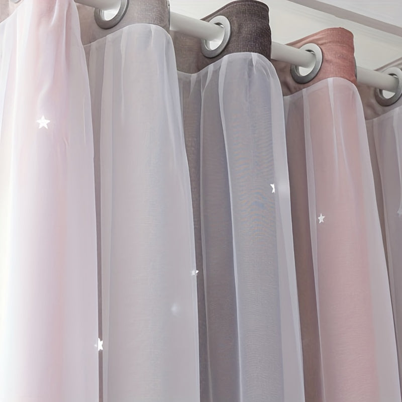 Gray Pink Gradient Star Fabric Sheer Two Layer Curtain, perfect for adding a touch of elegance to your living room, bedroom, office, or home decor.