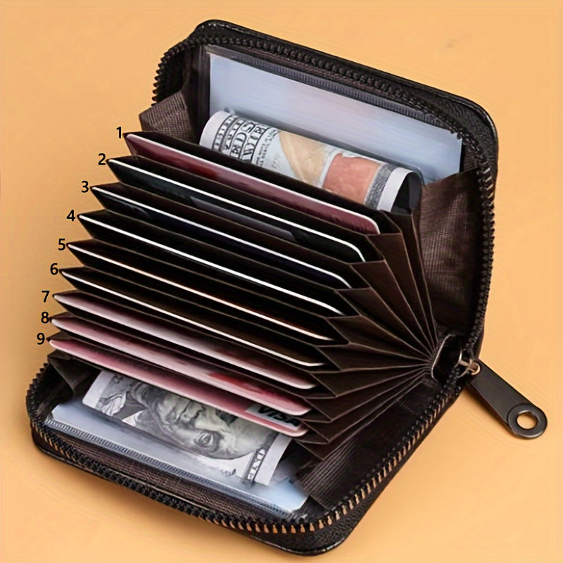 Stylish black faux leather wallet for men, featuring secure zipper coin purse and transparent card compartments. Perfect for everyday use.