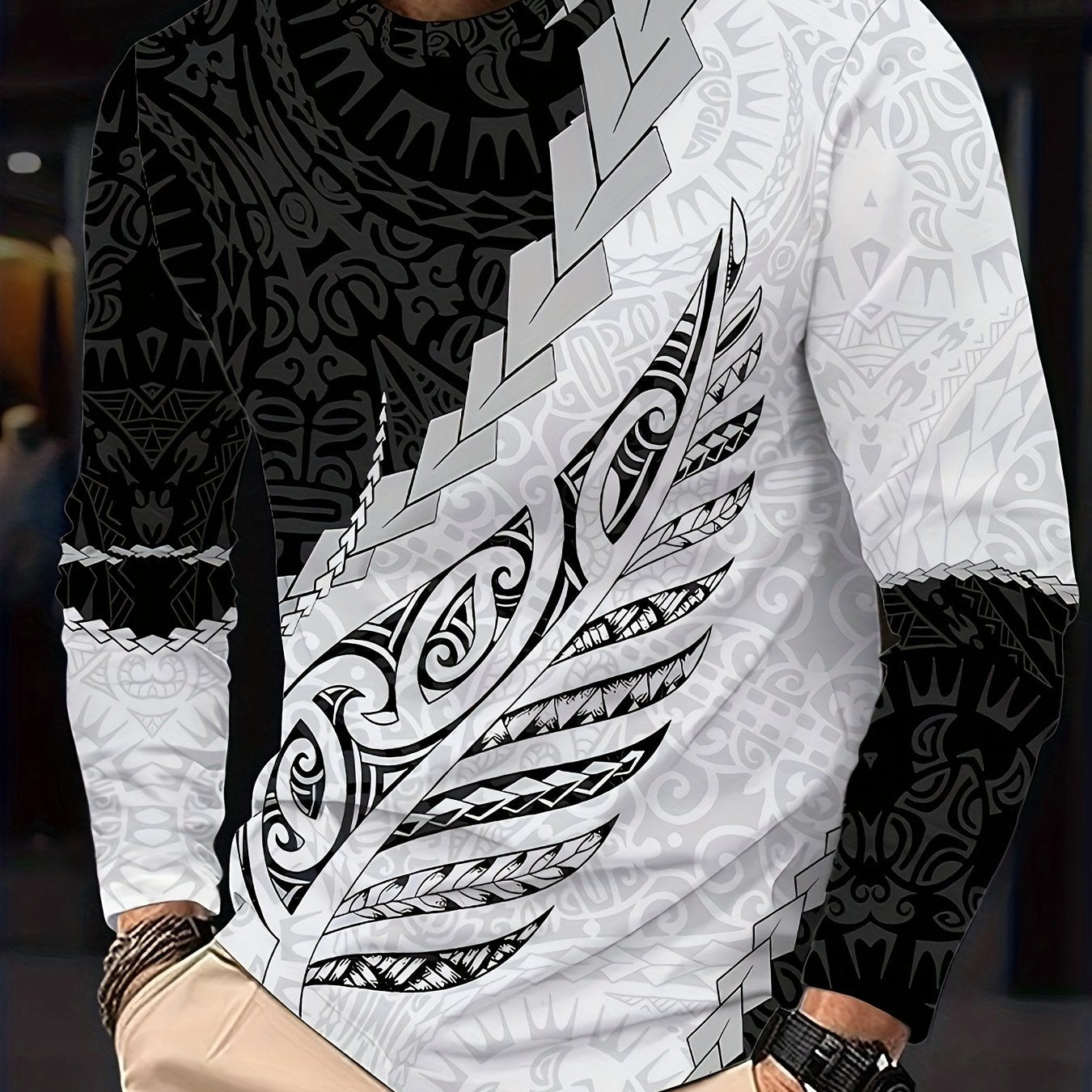 Men's casual long sleeve polyester t-shirt with round neck, stretch fabric, random print, regular fit for all seasons, ideal for home wear.