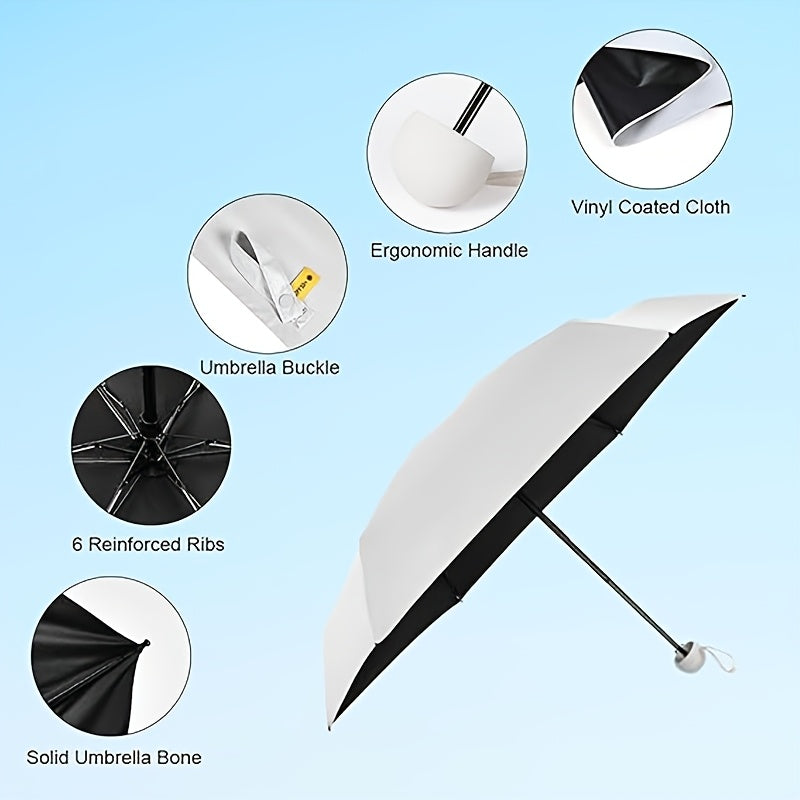 Compact mini sun umbrella with protective cover and 6 reinforced ribs for enhanced sun and UV protection. Suitable for both sunny and rainy days, featuring a casual, minimalist, and stylish