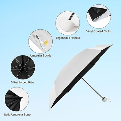 Compact mini sun umbrella with protective cover and 6 reinforced ribs for enhanced sun and UV protection. Suitable for both sunny and rainy days, featuring a casual, minimalist, and stylish