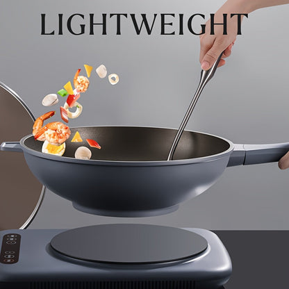 Set of 2 or 4 Non-stick Woks with Lids, includes steamer and spatula. Versatile Household Frying Pan suitable for Gas Stove or Induction Cooker. Features Round and Flat Bottom for Stir-frying. Universally compatible.