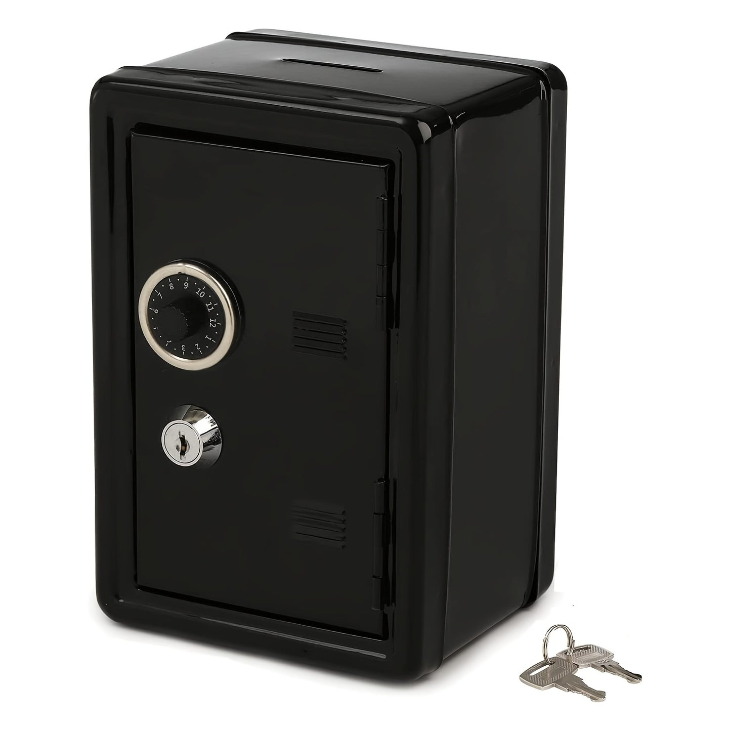 One unit metal piggy bank with key and combination lock, pull-out drawer, ideal as gift.