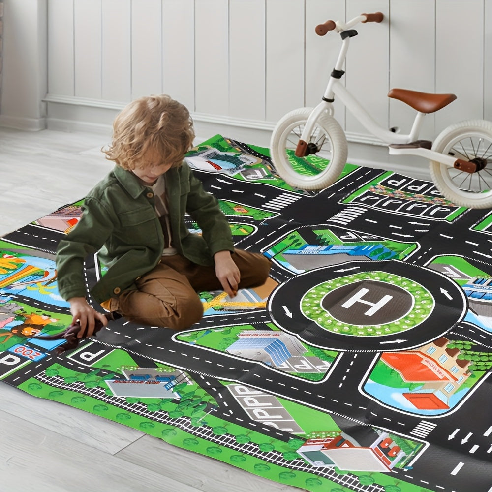 1pc HOTU City Traffic Play Mat - Large interactive road map game pad for youngsters with colorful urban scenes, perfect for room decor & Christmas gift, made from durable 60% polyester blend, dry clean only.