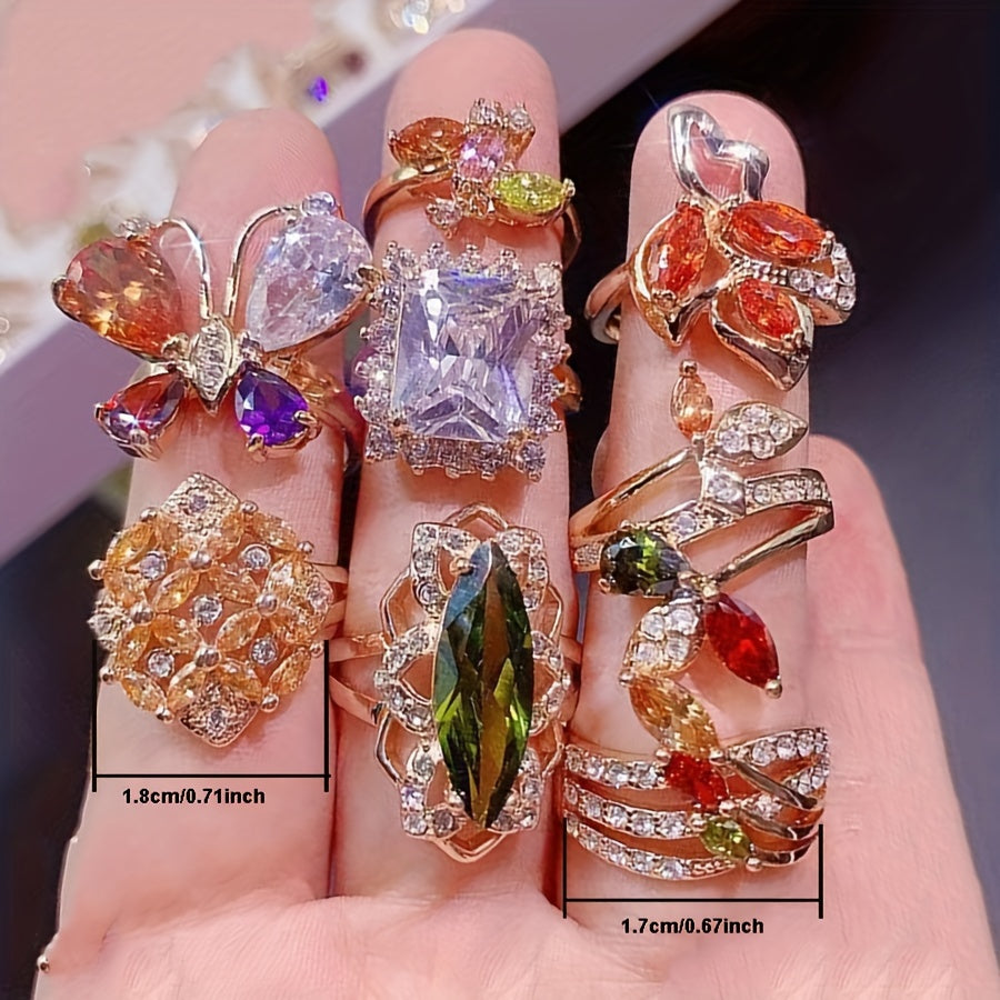 Luxurious 10-Piece Ring Set featuring Sparkling Cubic Zirconia - Elegant Floral Design crafted from High-Quality Copper Alloy for Women | Ideal for Everyday Wear & Special Occasions