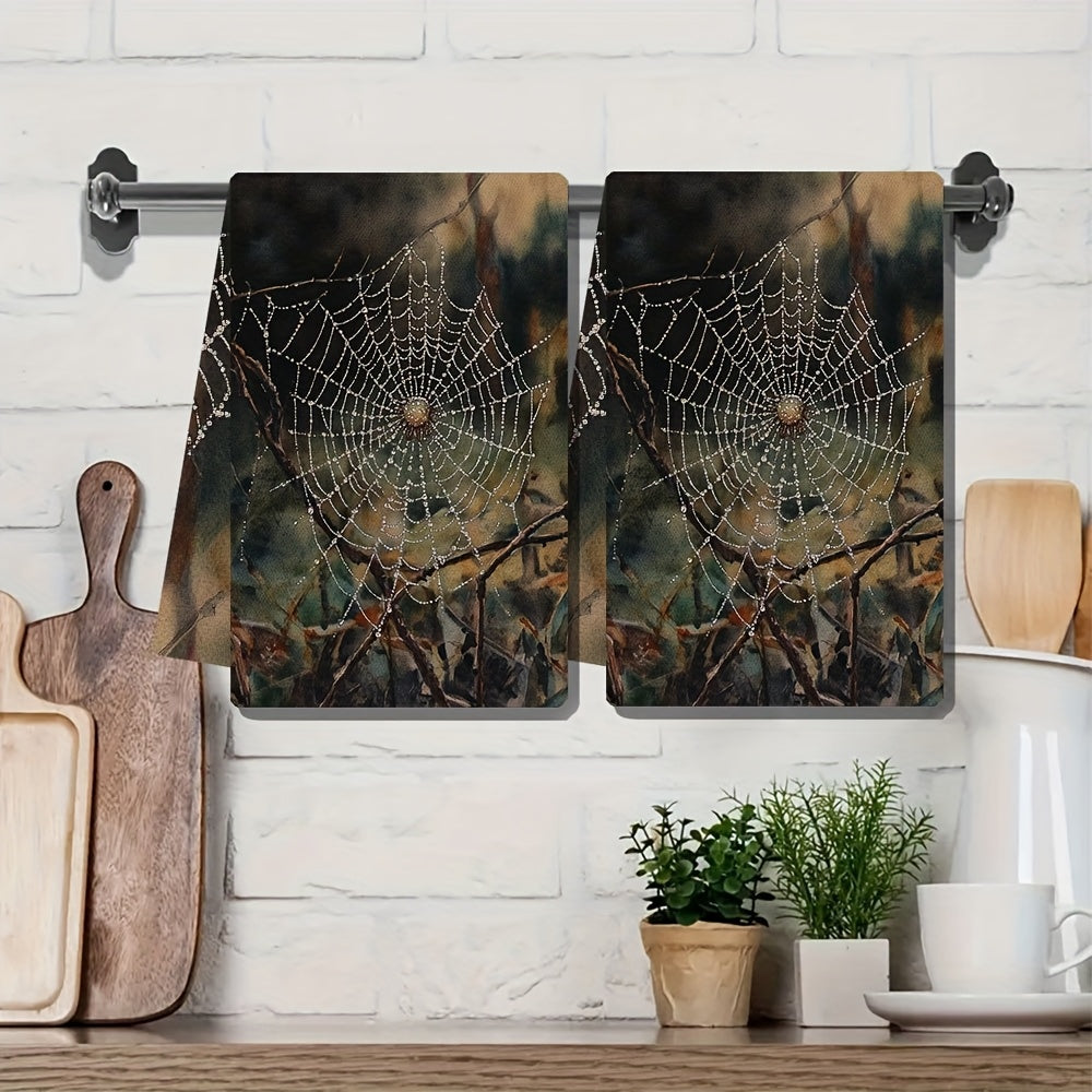 Set of 2 Ultra Plush Kitchen Towels - Beautiful Spider Web Design with Dewy Detail, Super Absorbent & Easy to Clean, Modern Style Polyester Hand Towels, 40.64x60.96 cm Perfect for Holiday Decor, Must-Have Kitchen Essentials | Stylish Kitchenware |