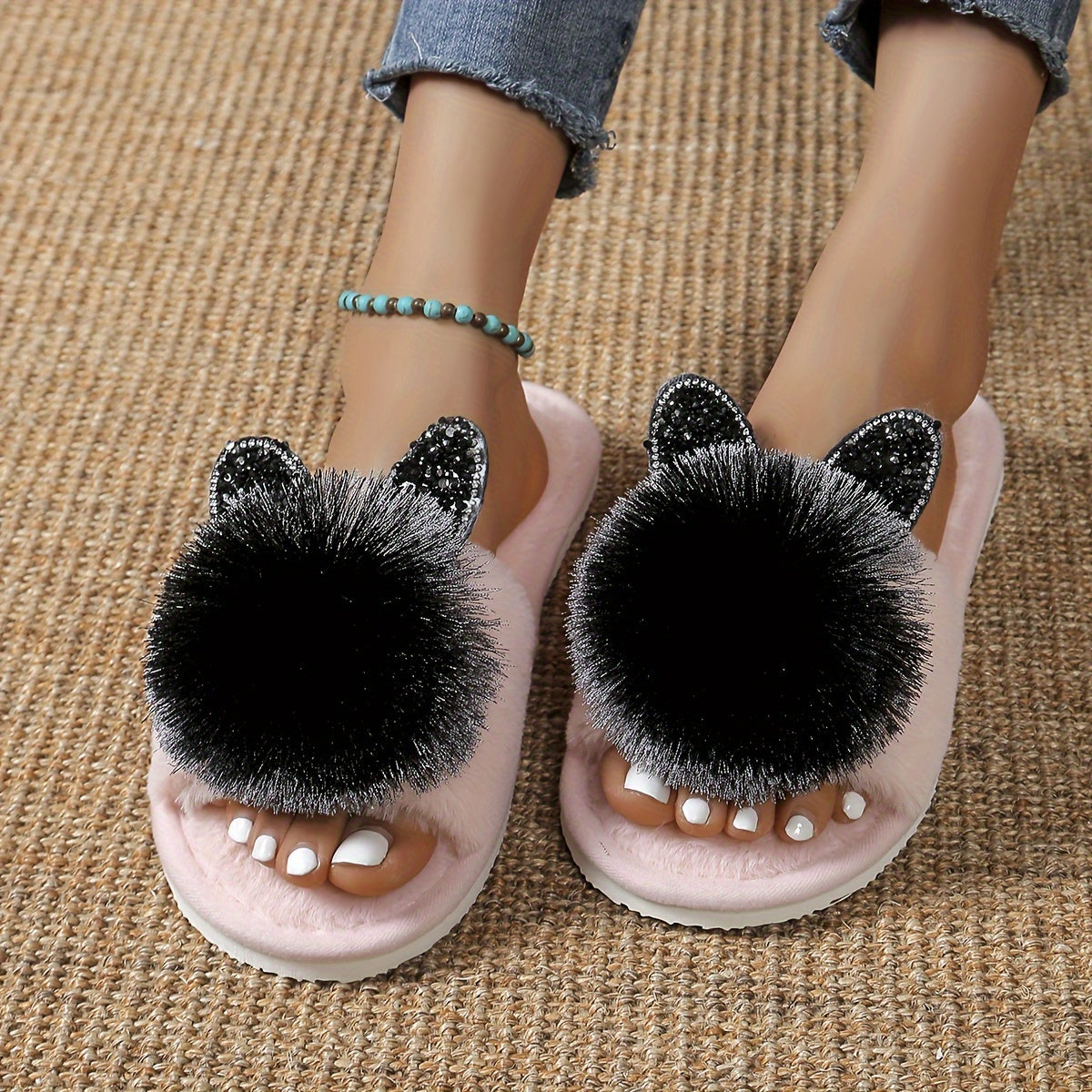 Adorable gray bow slippers with fluffy black accents, EVA sole, all-season comfort, and machine washable