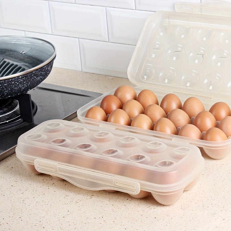 Transparent plastic stackable egg storage container with lid, capable of holding 12/18 eggs. Shockproof and freezer-safe, this space-saving kitchen organizer is perfect for keeping your eggs fresh and organized in the refrigerator.