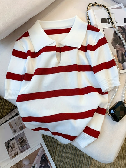 New European and American knit top with color-blocking stripes and turnover collar for spring/summer fashion