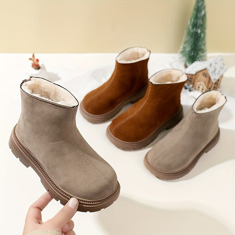 Stylish winter ankle boots with cozy plush lining, durable PVC sole, side zipper, round toe, brown upper with black trim. Perfect for boys and girls, casual snow booties for cold weather.