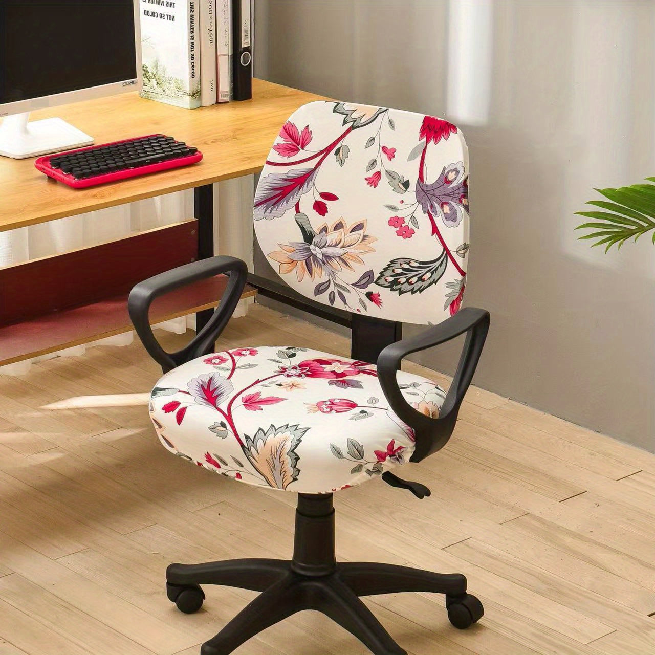 Elastic slipcover for computer dining chair, spandex material, washable and suitable for office or home decor.