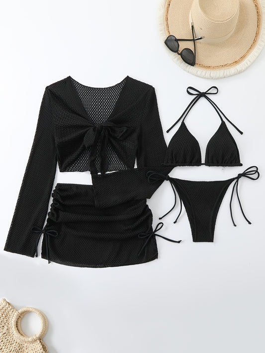 Introducing the 2024 Lauvoco Women's Swimwear Set: Off-shoulder cover-up with sheer mesh skirt, bikini, lace-up detail, sleeveless design, high stretch knit fabric, perfect for swimming.