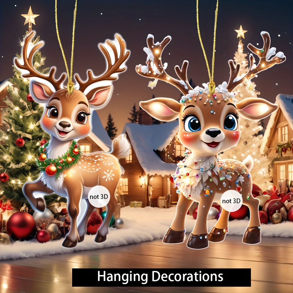 9 cute acrylic hanging ornaments featuring 2D reindeer with lights, ideal for Christmas tree, Halloween, car interiors, and collectible decorations.