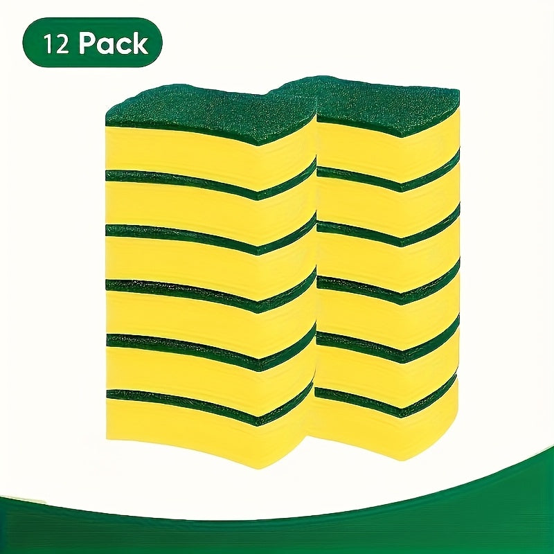 Polyurethane Dual-Sided Cleaning Sponges, in packs of 10, 12, or 24. Yellow-Green color, offering strong decontamination for use outdoors, in the kitchen, on the patio, and on furniture.