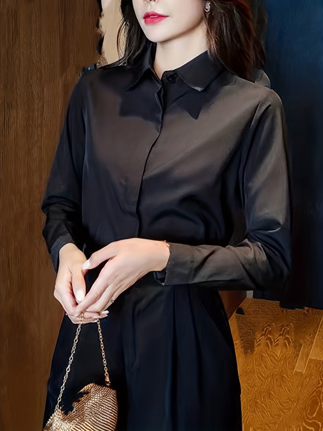 Elegant black long sleeve shirt for women, perfect for all seasons made of non-stretch polyester fabric.