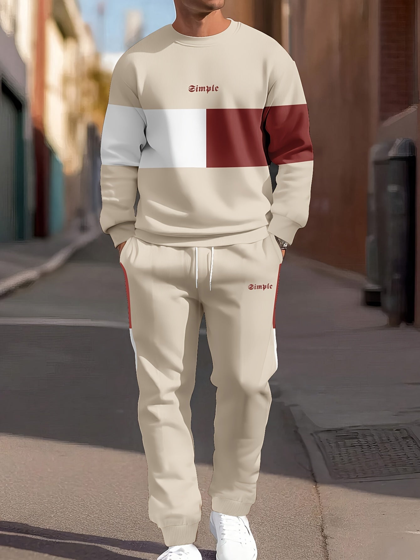 Men's casual crew neck sweatshirt and joggers set. Color block design in polyester blend, machine washable. Ideal for spring and fall, leisure style.