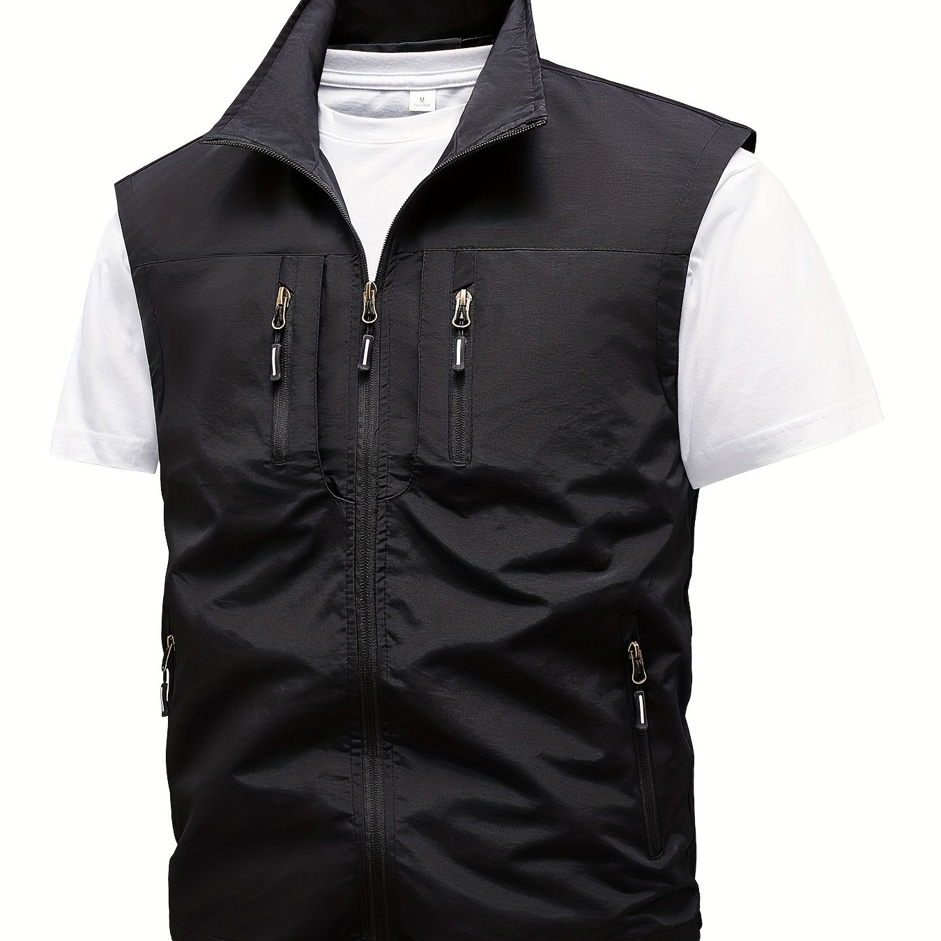 Men's Solid Color Stand Collar Cargo Vest for Spring and Summer