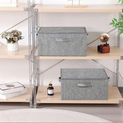 Two large capacity foldable fabric storage boxes with lids and handles for clothes, toys, and photos. Ideal for closet, bedroom, and home use.