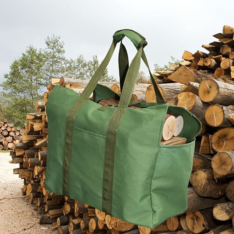 Durable Canvas Firewood Carrier Bag in Military Green, Ideal for Outdoor Camping and Fireplace Use, Features Reinforced Handles for Easy Storage and Transport of Firewood