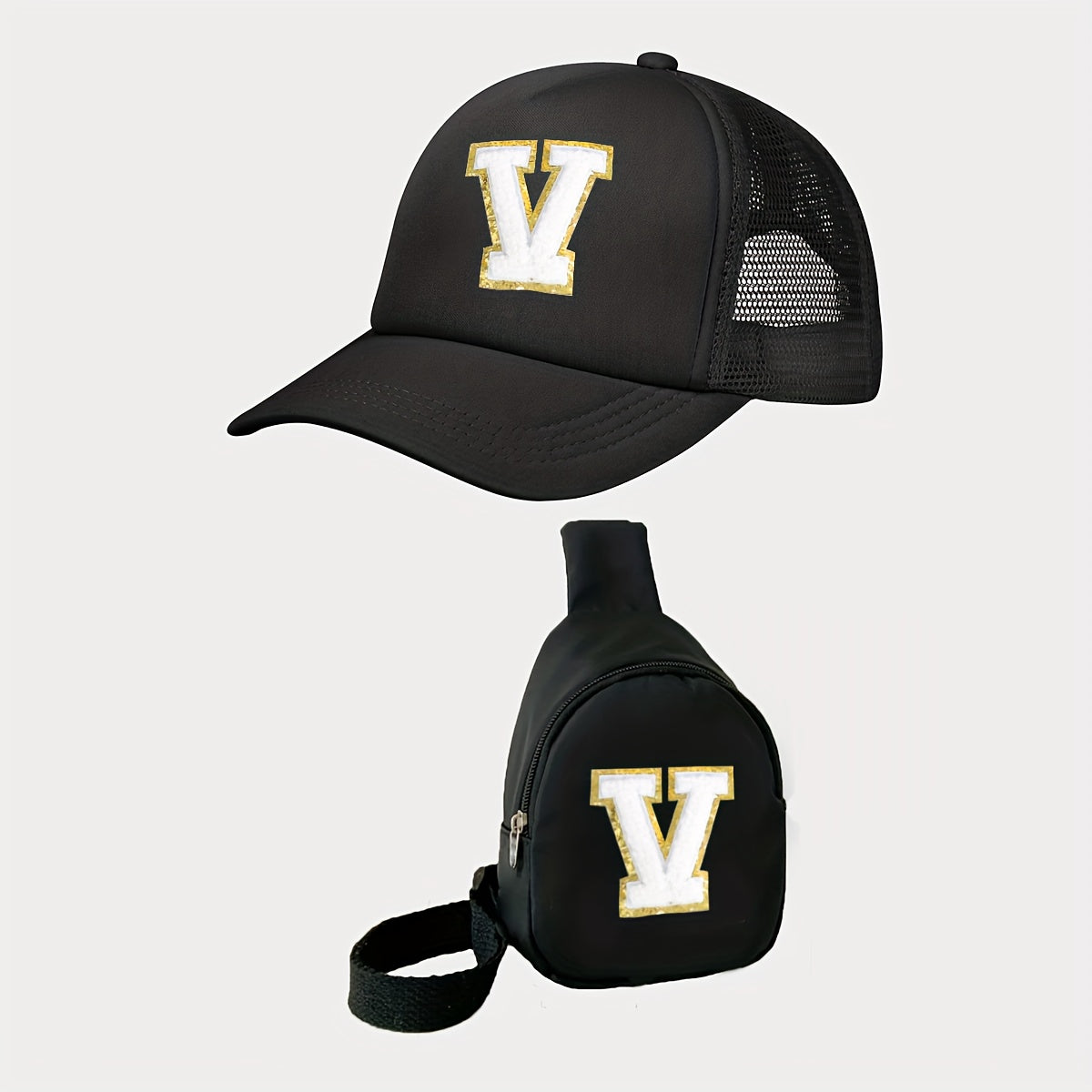 Children's Alphabet Baseball Cap and Shoulder Bag Set made of polyester material with a breathable, season-neutral design. Features a fitted cap with a buckle closure suitable for daily and