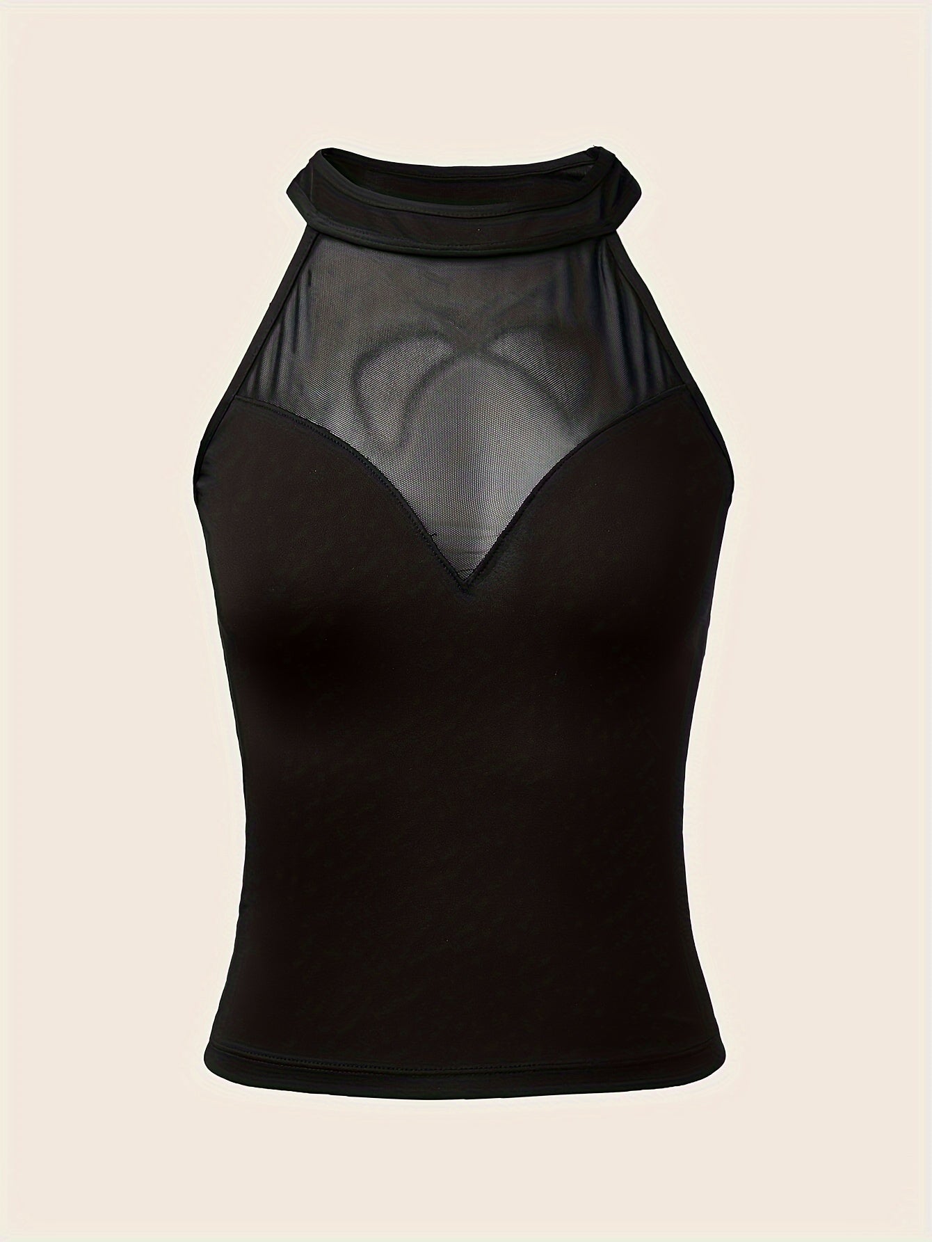 Sleek halter neck tank top, mesh panel orqa qismi va tor kesimi bilan, yozgi kiyim va ichki kiyim uchun mukammal.