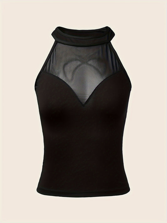 Sleek halter neck tank top, mesh panel orqa qismi va tor kesimi bilan, yozgi kiyim va ichki kiyim uchun mukammal.