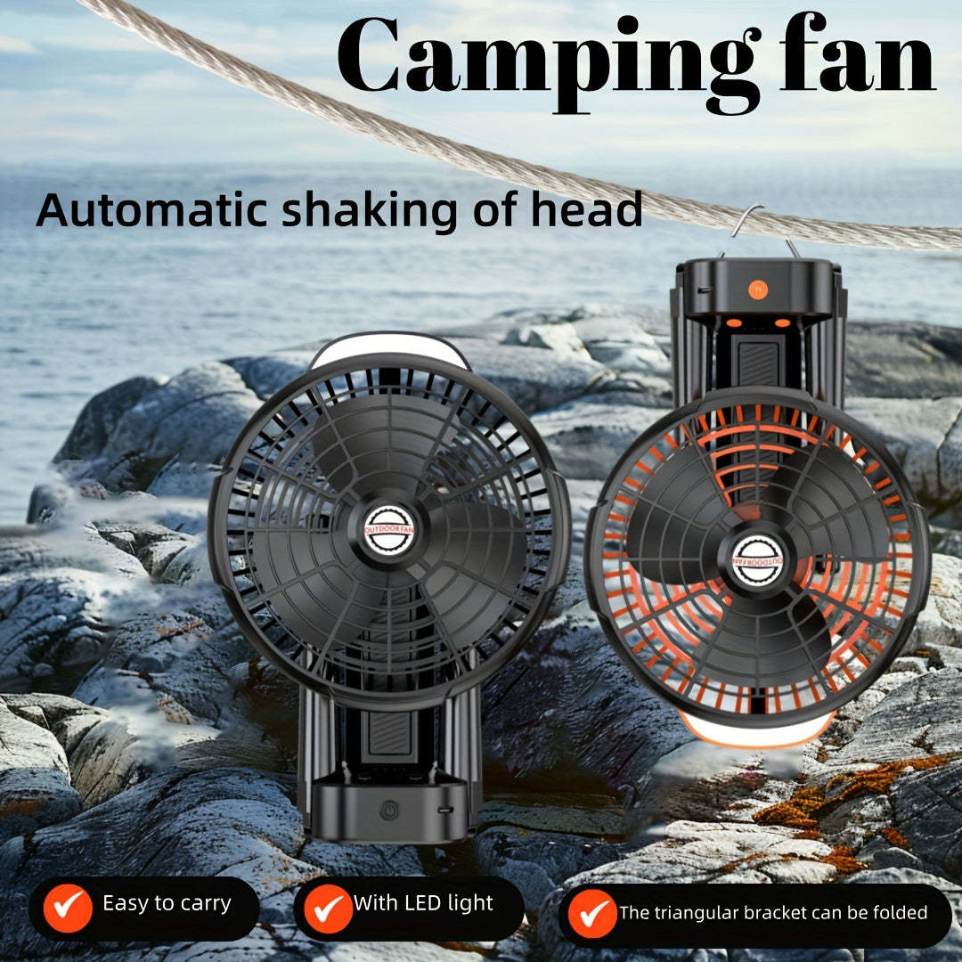 Compact and quiet portable camping fan with auto-oscillation, USB rechargeable and built-in battery for use at home, office, or outdoors.