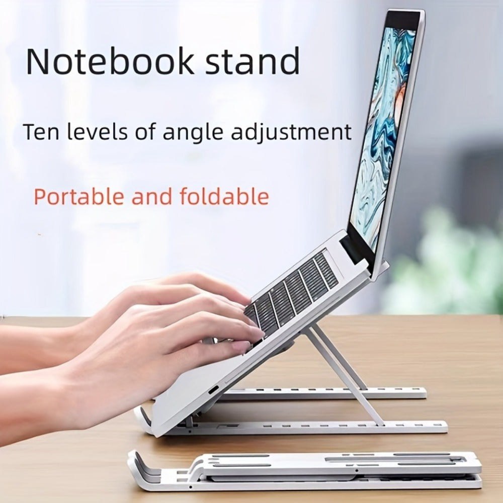 The Ergonomic Laptop Stand is a versatile and adjustable computer riser that is designed to improve comfort, reduce neck and back pain, and enhance posture. It also increases workspace and includes a cooling function to prevent overheating. Suitable for