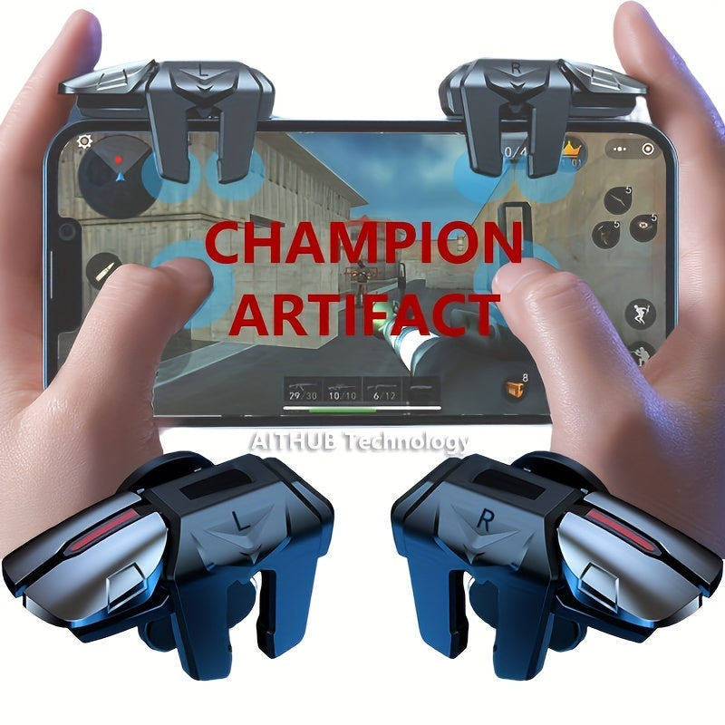 Pair of PUBG mobile game triggers for sensitive shooting control with intelligent handle and 6-finger input.