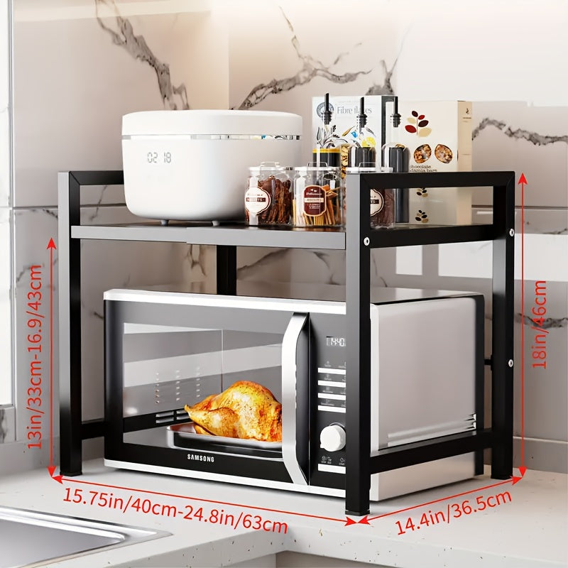 Expandable microwave shelf with 6 hooks, retractable black metal shelf, adjustable baker's rack for kitchen organization. Perfect for toaster and towel.