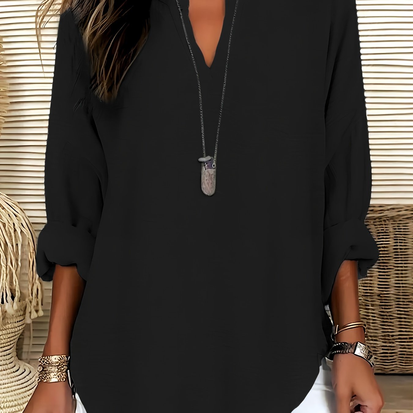 100% Polyester Loose Long Sleeve Blouse with V-Neck and Drop Shoulder - Middle-eastern Style Shirt for Women, Ideal for Spring/Fall Casual Wear.