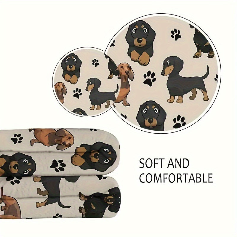 Soft and cozy Dachshund dog print fleece blanket perfect for pet lovers. This all-season throw is machine washable with a digital print design on a polyester cover and lining. Made with 200-250gsm knitted fabric in a contemporary style, this