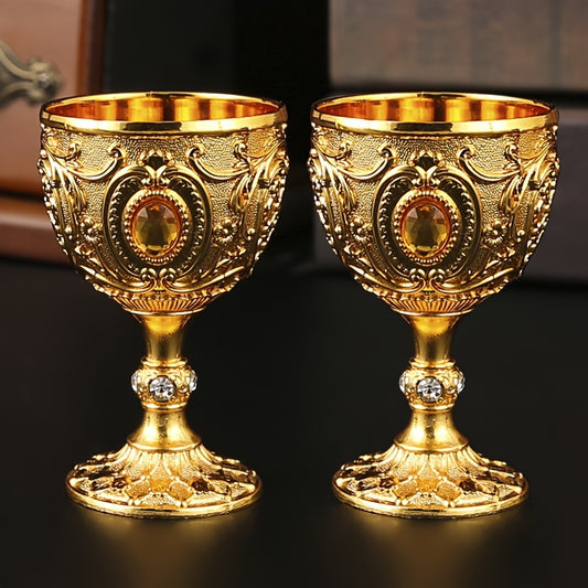 Set of 2 Vintage Medieval Style Imitation Renaissance Chalice Goblets with Golden Finish and Floral Patterns, Handcrafted Metal Cups for Gifts and Decor