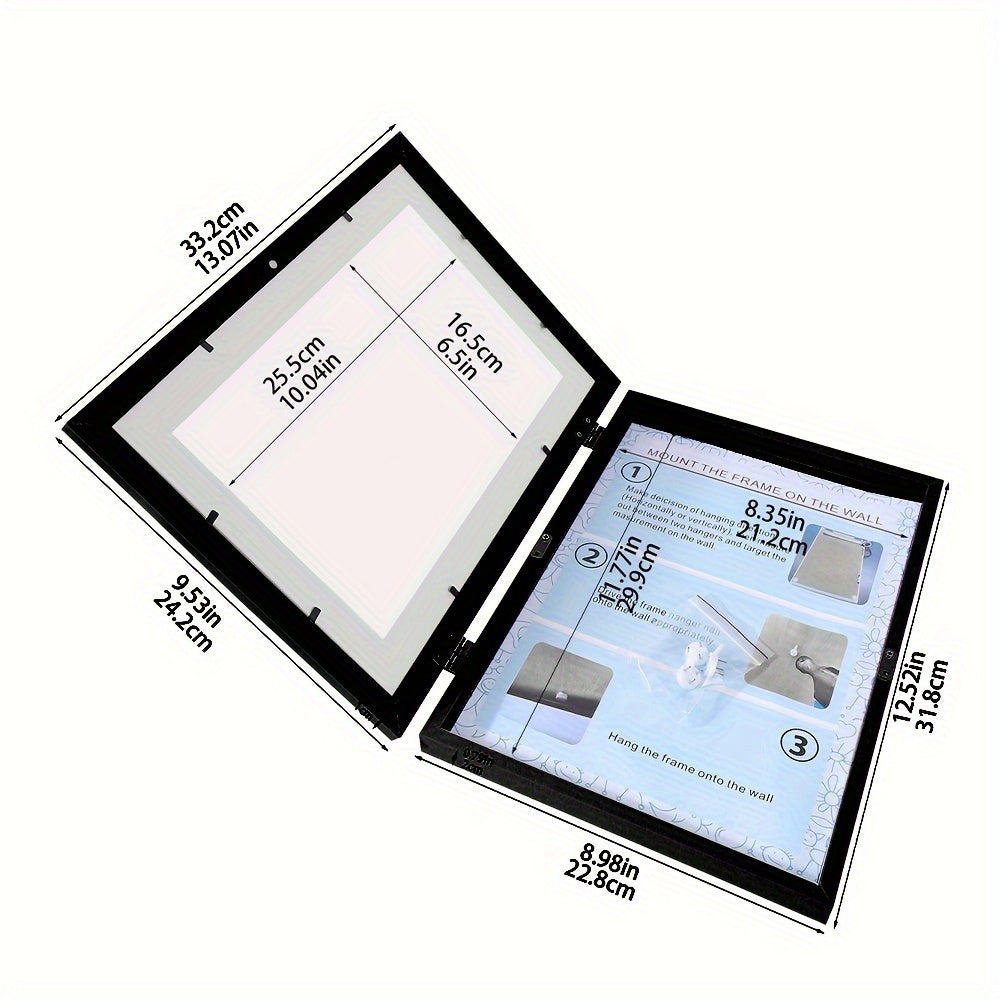 Magnetic storage frame for art photos, easily changeable for front-opening display on walls.