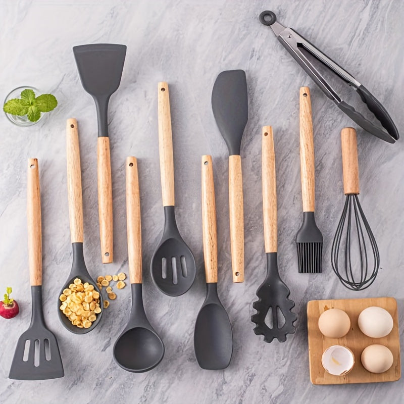 A bundle of 12 high-quality kitchen utensils with wooden handles and heat-resistant silicone heads, including cooking spatulas and spoons. Comes with a convenient storage bucket for easy organization. Built to last and suitable for any cooking task.