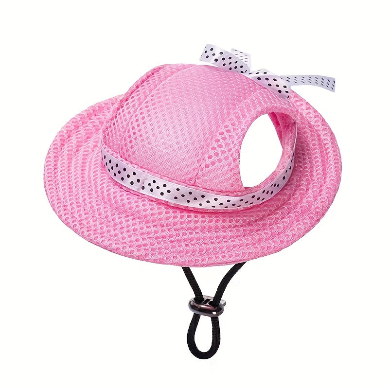 Breathable mesh sun cap for dogs, ideal for outdoor adventures and grooming. Features adjustable snap closure and ear holes.