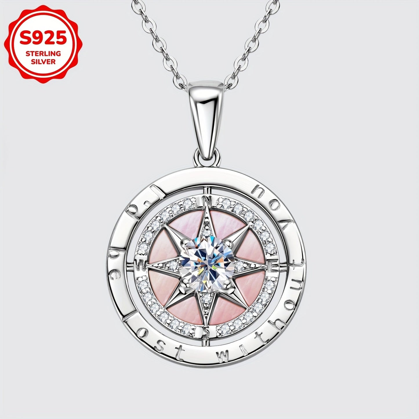 Necklace with Compass Pendant Made of 925 Sterling Silver, Adorned with White Cubic Zirconia and Pink Mother of Pearl, 45+5cm Chain Included - Perfect Graduation Gift