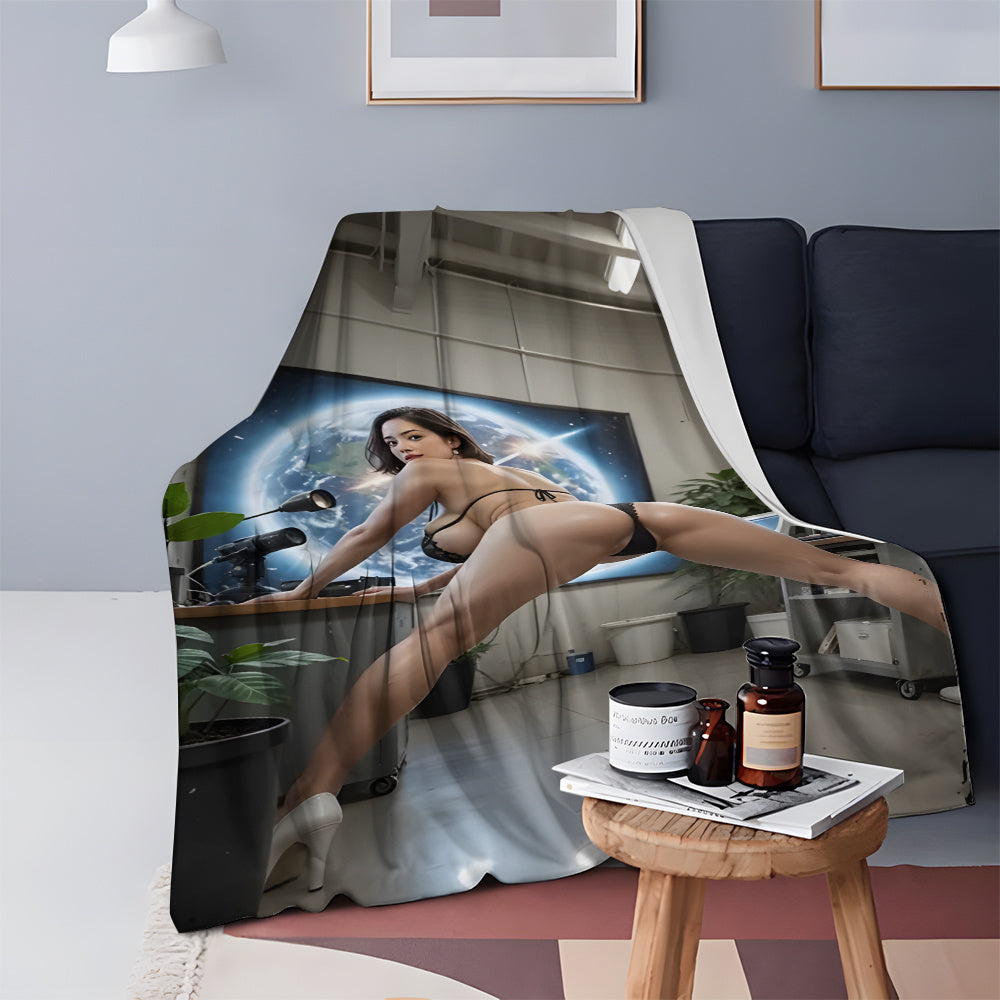 Modern flannel throw blanket that is resistant to stains, perfect for all seasons. Made from knitted polyester, it is cozy and warm with a digital print featuring a sexy blonde. Suitable for use in the living room, bedroom, office, and outdoor camping.