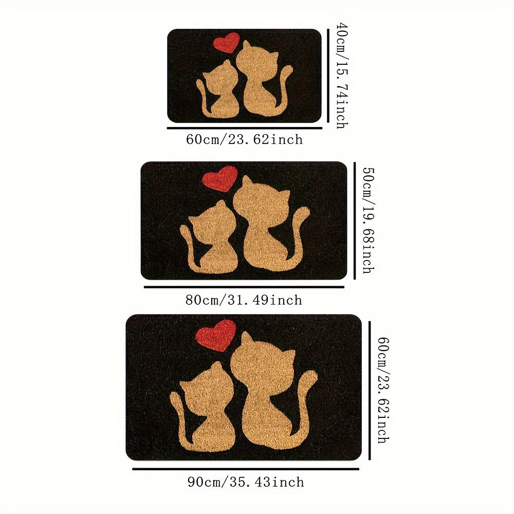 Heart Design Doormat with Cute Cat - Easy to Clean, Machine Washable, Stain Resistant, Polyester Rectangular Rug for Bedroom and Farmhouse Entryways.