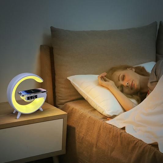 Get the ultimate multifunctional alarm clock with smart features for a perfect wake-up experience. This clock features a sunrise wake-up light with wireless charging capabilities, smart connectivity, timer functionality, music speaker, adjustable colors