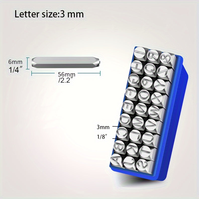 Alloy steel stamp set for imprinting on various materials such as metal, plastic, wood, and leather. Great for crafting and arts.