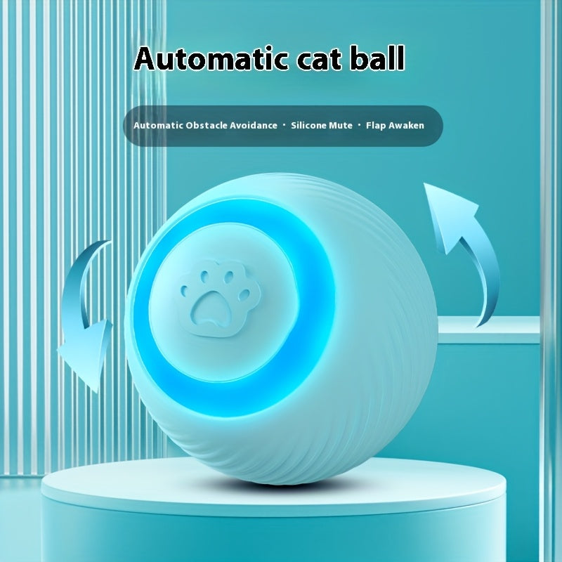 USB rechargeable cat teaser ball made of striped silicone, suitable for all breeds, provides engaging playtime.