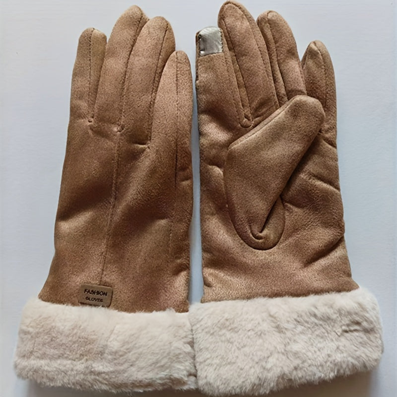 Soft Plush Cuff Suede Gloves in Solid Color with Added Velvet for Extra Warmth - Women's Autumn and Winter Gloves for Wind and Cold Protection