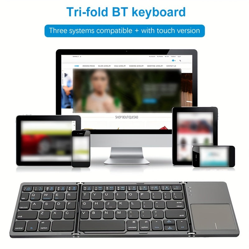 Portable and rechargeable wireless keyboard with touchpad, compatible with iPad Air 2, Windows 10, and Android devices. 81 keys, lightweight design, and durable construction.