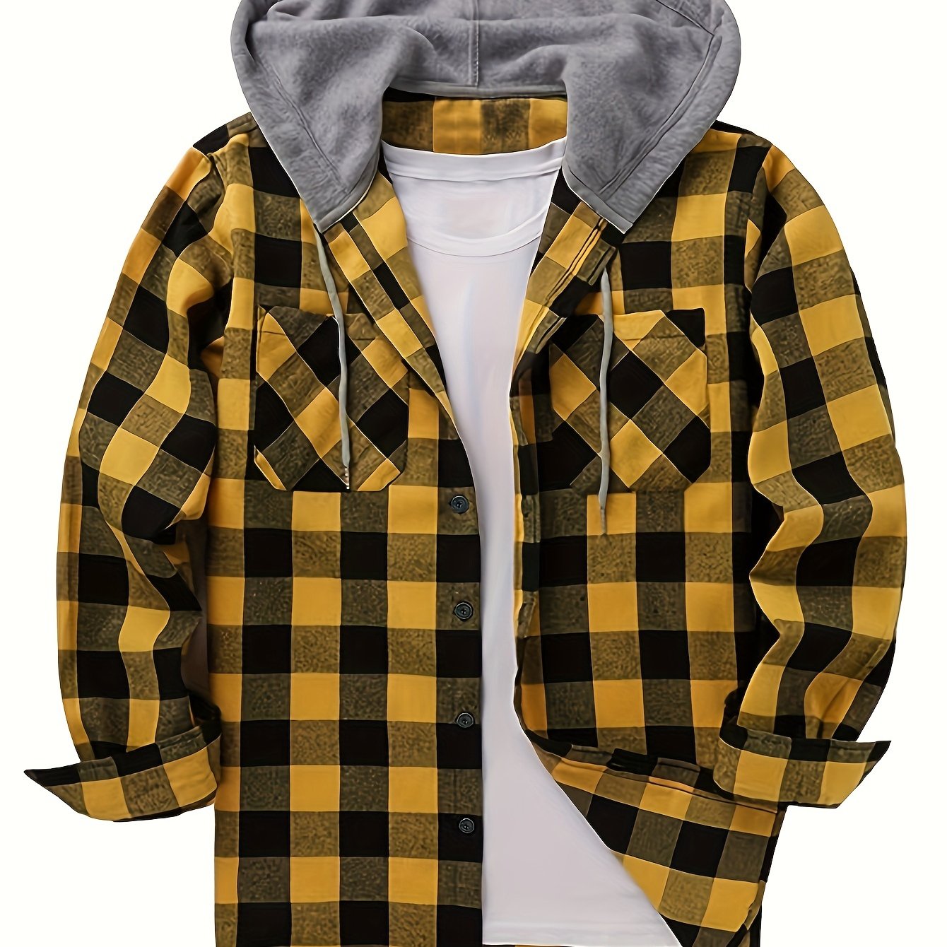 Men's plaid pattern hoodie jacket with pockets for stylish leisurewear outdoors.