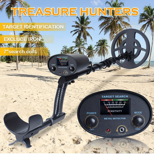 High-sensitivity metal detector with adjustable height for treasure hunting. Suitable for all-metal detection, ideal for adults and beginners. Batteries not included.