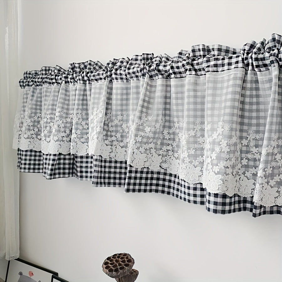 Add a touch of pastoral charm to your living room, kitchen, or cafe with this beautiful blue plaid short curtain featuring delicate lace detailing and a convenient rod pocket design.