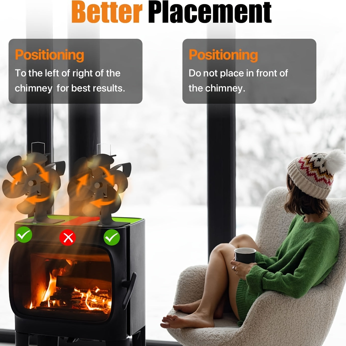 Aluminum 6-Blade Stove Fan with Thermometer - Portable and Heat Powered for Wood, Fireplace, and Pellet Stoves