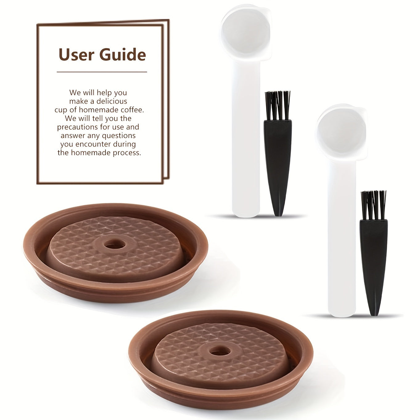 One pack of two reusable coffee capsule lids compatible with Nespresso Pods Vertuo, made of food grade silicone. These caps fit all sizes of reusable Nespresso Vertuo pods and come with a scoop and brush for easy refill.