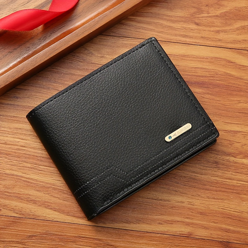 Men's faux leather wallet features a solid color with color block detail, non-braided weave, and a compact short bifold design for easy carry.